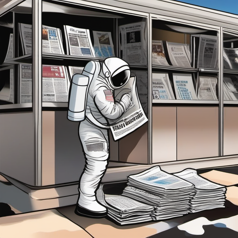 Astronaut picking newspaper